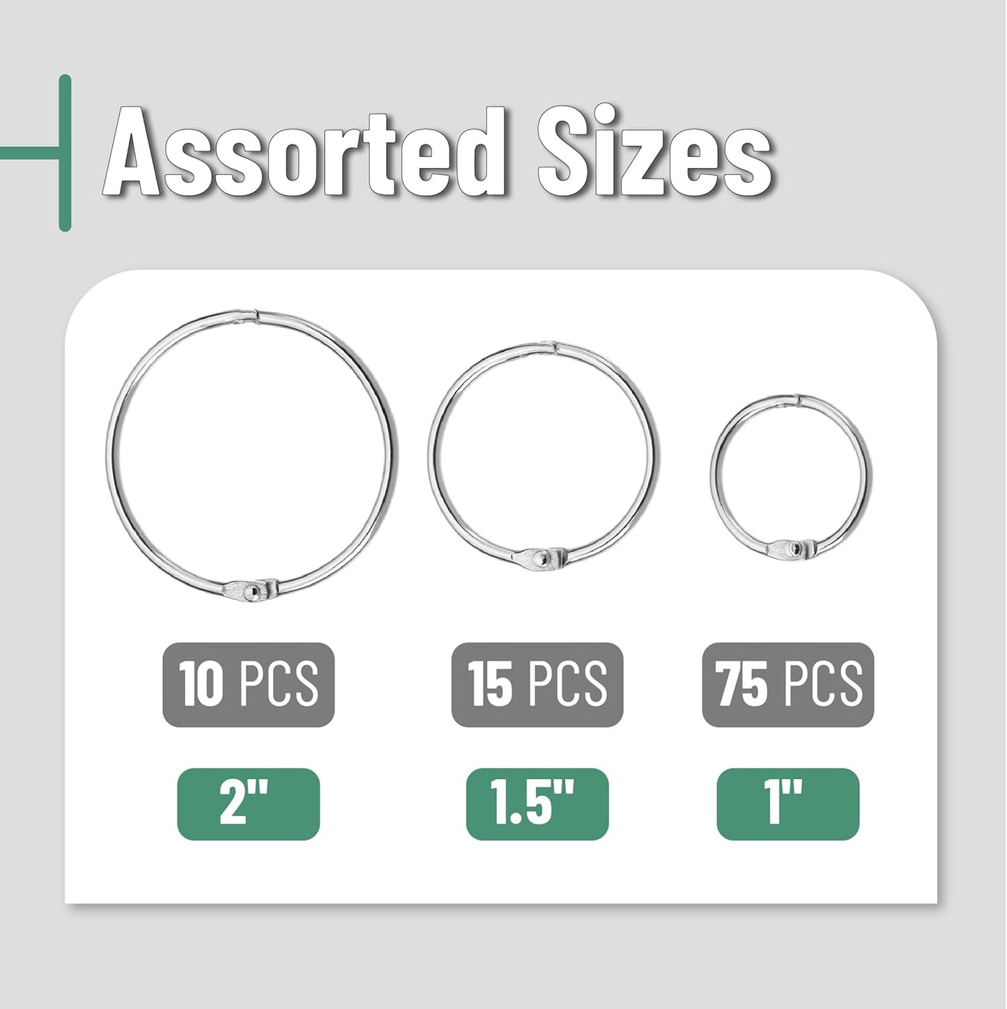 Mr. Pen- Loose Leaf Binder Book Rings, 5 Assorted Sizes (0.6", 1", 1.2", 1.5",2"), 36 Pack, Metal Binder Rings for Index Cards, Keychains, School, Home, Office, Silver