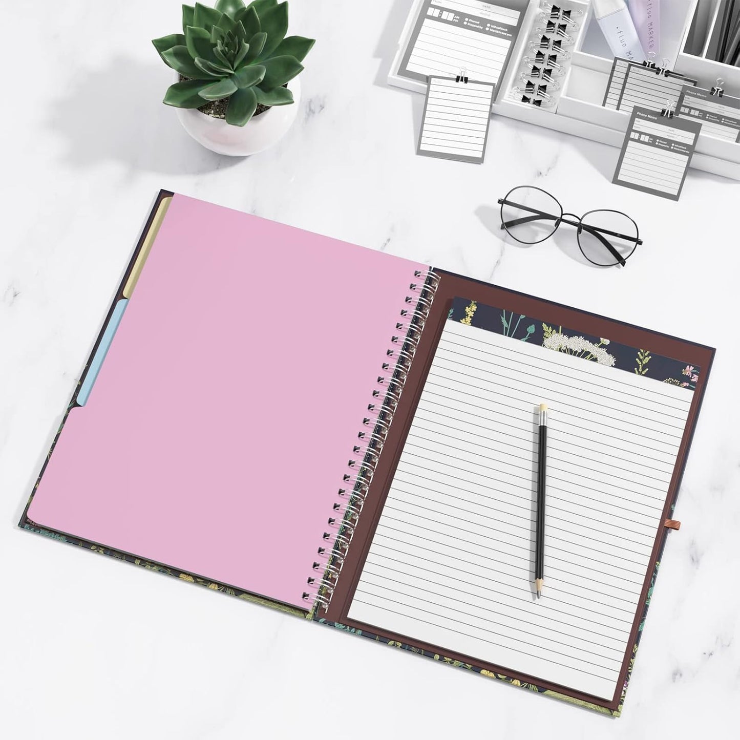 Rimilak Spiral Clipboards Folio with Refillable Lined Notepad, 14.5 x 9.8 In, Hardcover Cover with 5 Interior Pockets, Elastic Band and Pen Loop Series. Cute Stylish Clipfolio, Daisy Flower