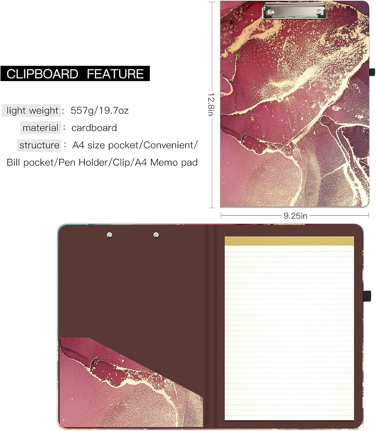 Hongri Clipboard Folio with Refillable Lined Notepad and Interior Storage Pocket for Students, Classroom, Office, Women, Man, Cute Custom Pattern, Size 12.8 x 9.2 in, Classic Flower