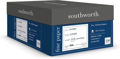 Southworth FSC Certified 55% Recycled 25% Cotton Linen Business Envelopes, #10 (4 1/8in x 9 1/2in), 24 Lb, Ivory, Box Of 250, J564-10