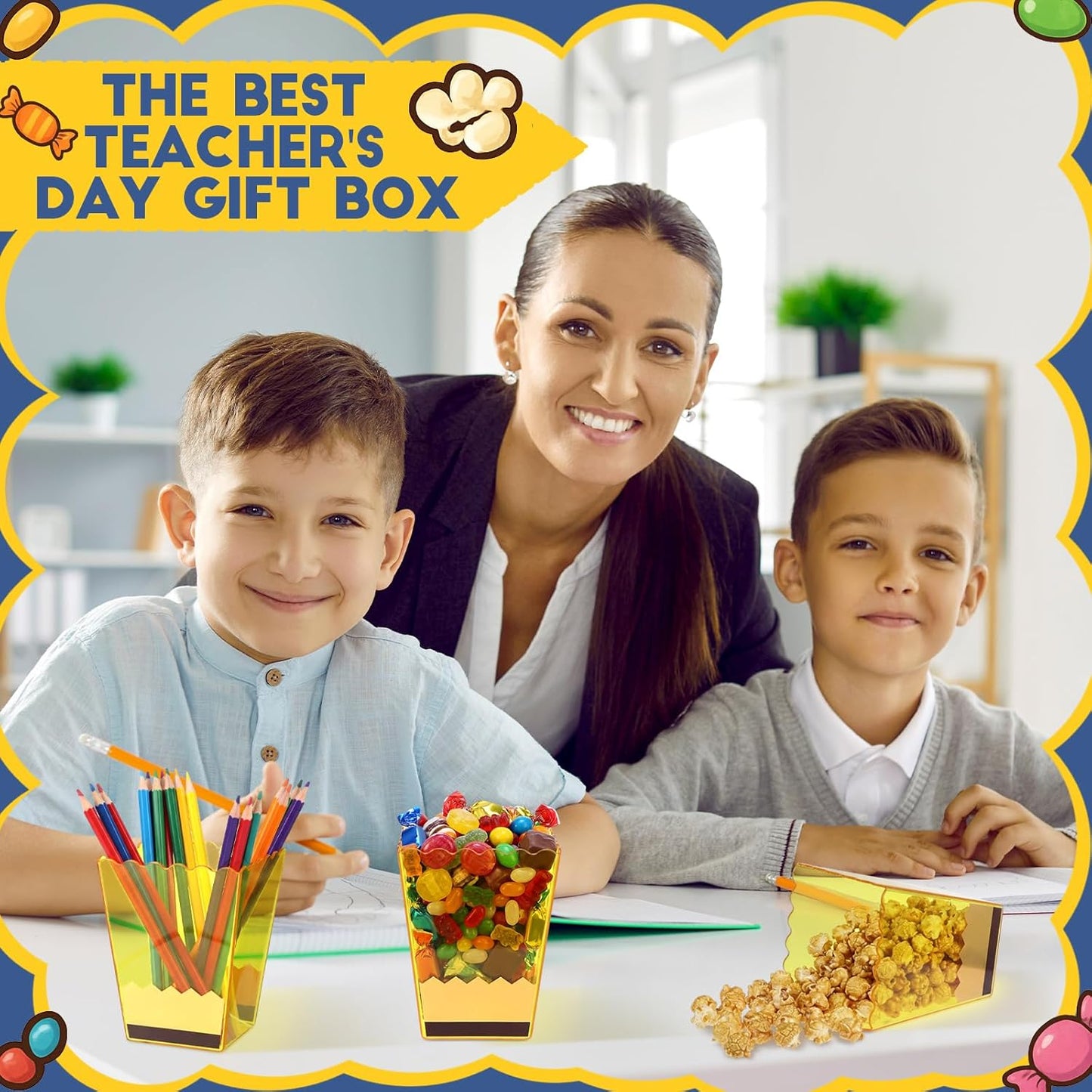 Mimorou 6 Pcs Teacher Gift Box Teacher Appreciation Gift Container Thank You Pencil Notebook Composition Book Crayon Candy Popcorn Holders for End of Year Graduation Party (Notebook)