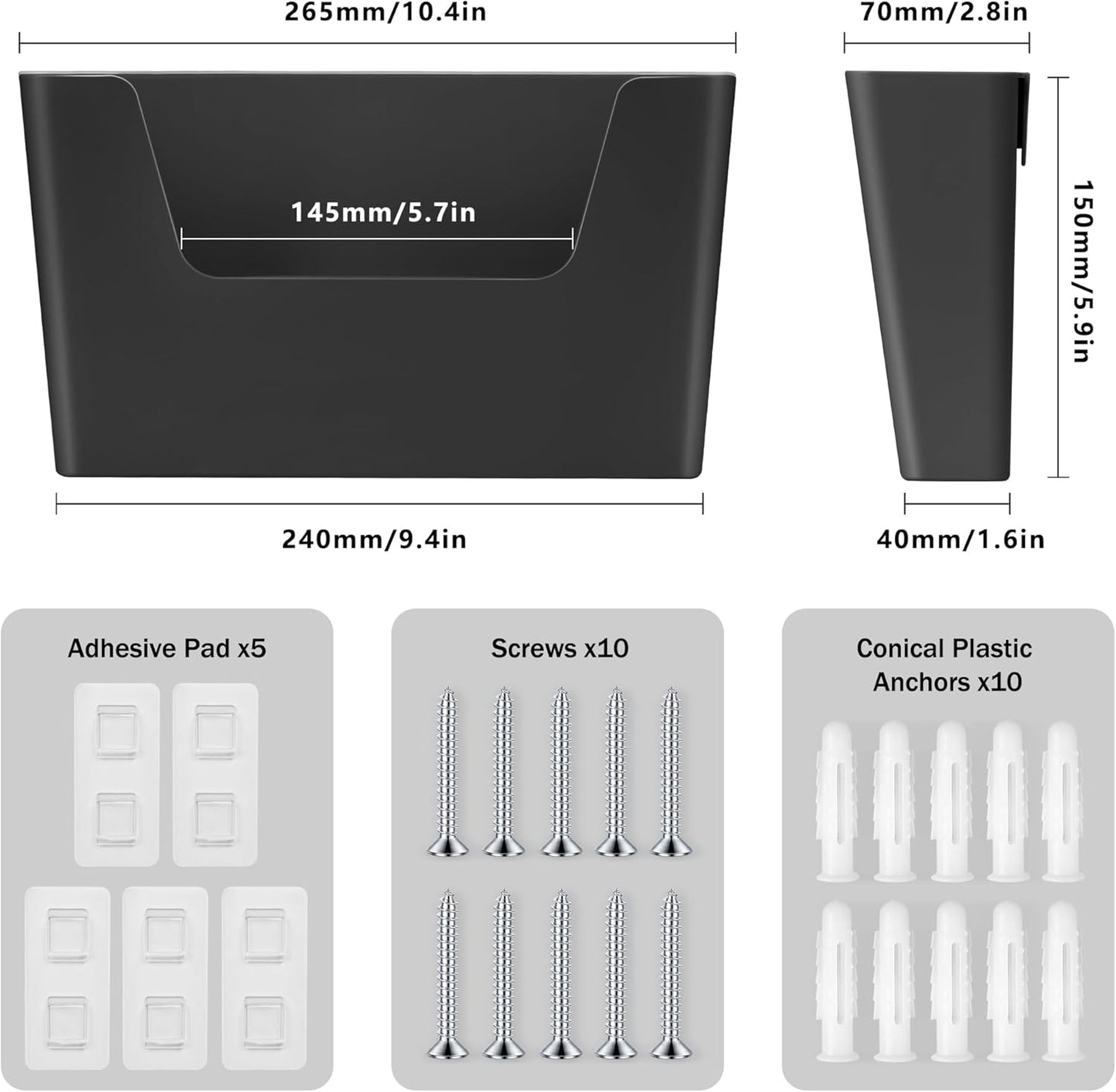 Jomola No Drilling Wall Mount File Holder - Office Wall Hanging Files & Magazines Organizer - Plastic Door Mount with Adhesive Pad, Gray (1 Count)