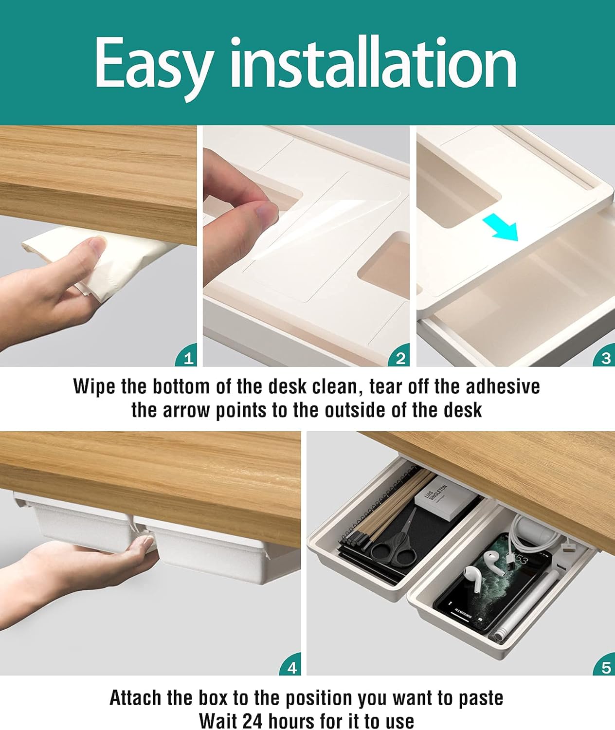 SVNNELP Under Desk Table Drawer Storage Organizer Slide Out, Attachable Hidden Self-Adhesive Under Desk Pencil Tray Drawer for Office/Classroom/Home (Clear Black/M)