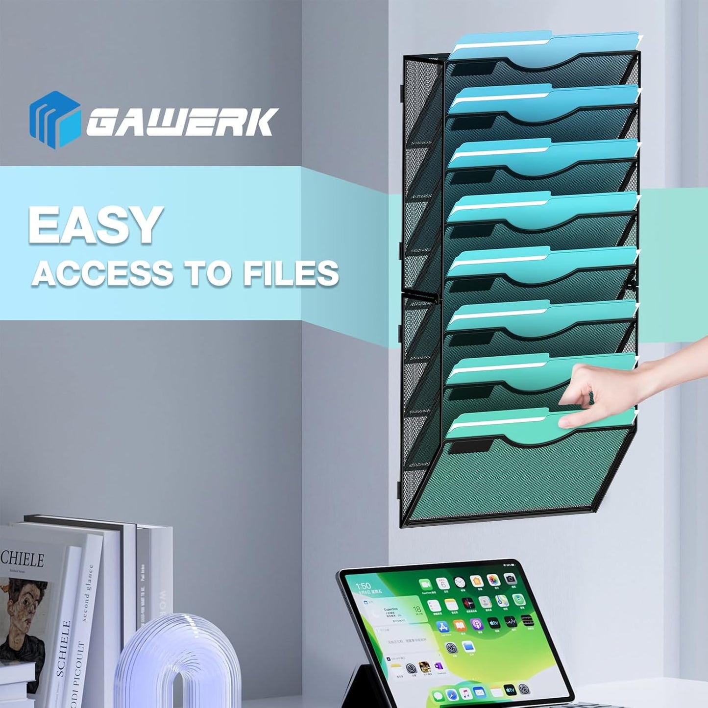 Gawerk 10-Tier Wall File Organizer Hanging Wall File Holder Wall Mount Paper Folder Organize, Mesh Magazine Document Mail Organizer Wall Organizer for Office School Home, Black