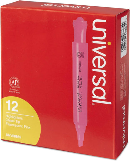 Universal 08865 Desk Highlighter, Chisel Tip, Fluorescent Pink, Dozen
