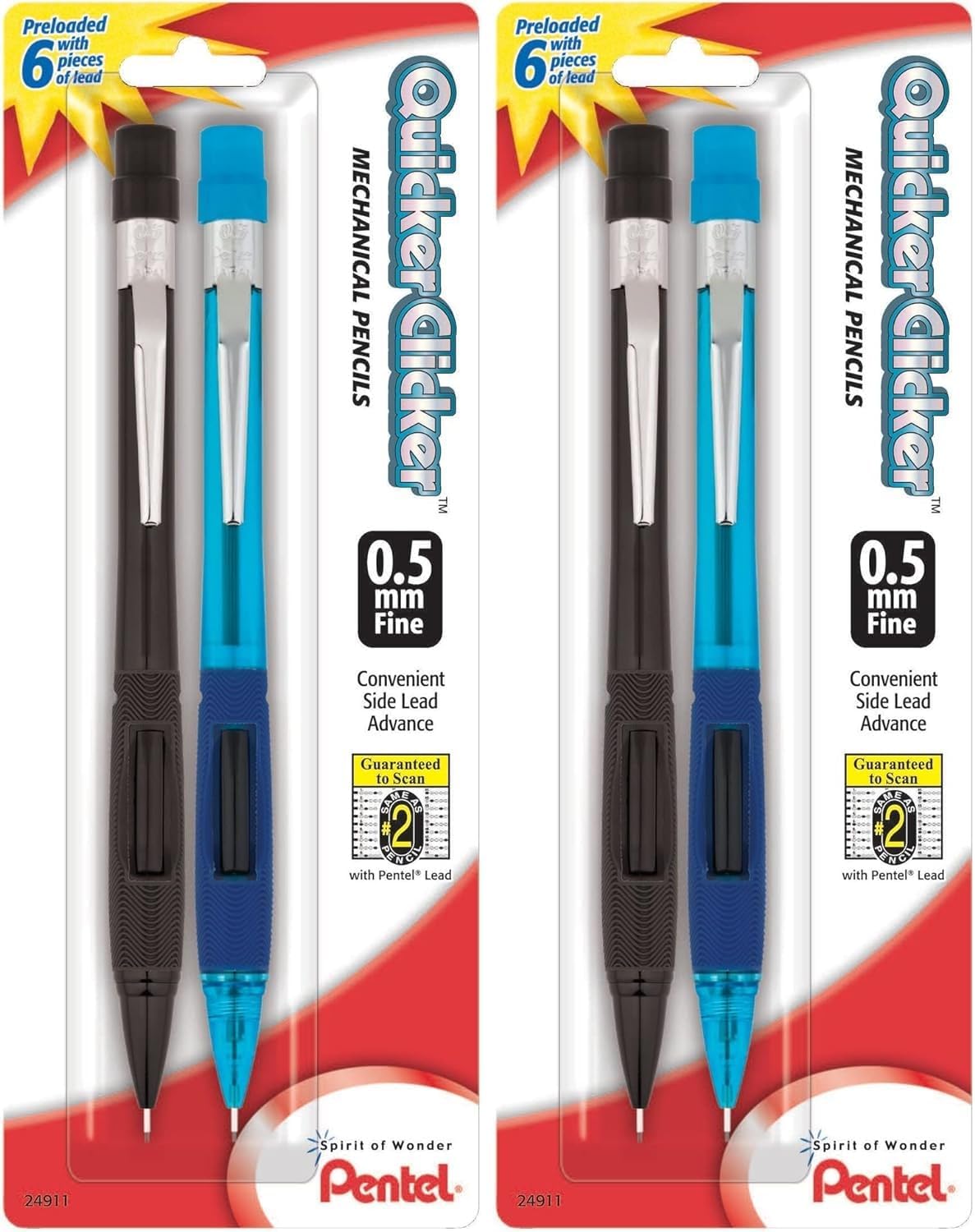 Pentel Quicker Clicker Mechanical Pencil, 0.50 mm, Assorted, 2 Per Pack (PD345BP2-K6)