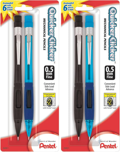 Pentel Quicker Clicker Mechanical Pencil, 0.50 mm, Assorted, 2 Per Pack (PD345BP2-K6)