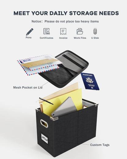 Oterri File Organizer Box with Lid, Hanging Filing File Box with Mesh Pocket, Document Organizer Box for Letter Files, Portable Storage Box with Smooth Sliding Rail for Office&Home (1 PCS, Beige)