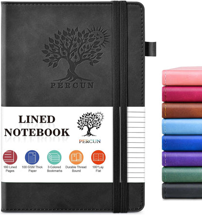 PERCUN Graph Paper Notebook, 160 Pages Grid Journal for women & men, A5 Hardcover Leather Graphing Notebook for School, Work, Travel, Note Taking 5.9”x8.5” (Black)