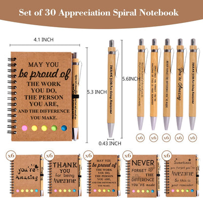 30 Sets Employee Appreciation Gifts Bulk Inspirational Spiral Notebook with Sticky Note and Motivational Bamboo Pens Thank You Gifts for Employees Coworkers,Teachers,Nurse,Office Staff,Team,Volunteer