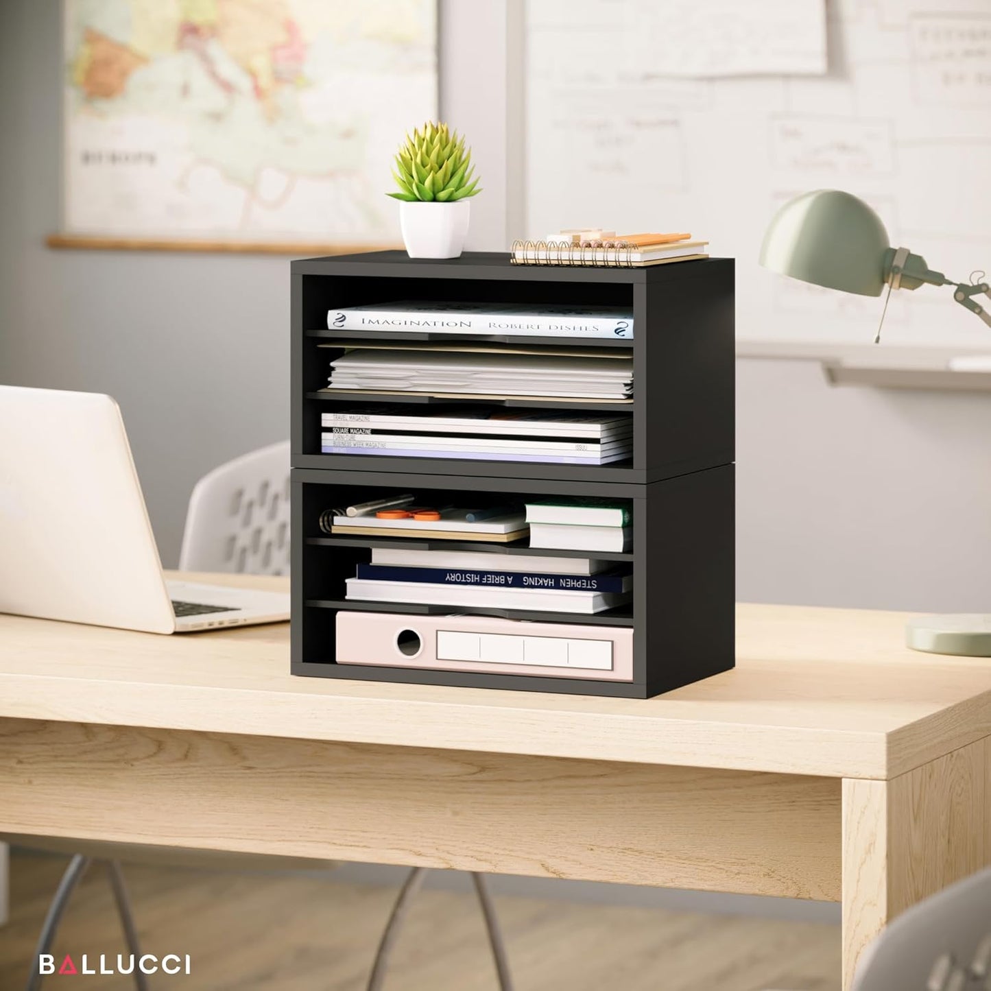 Ballucci File Organizer, 4-Tier Office Desk Organizer, Open Top Wood Paper Organizer for Classroom, Desktop Mail Sorter Paper Tray, Black