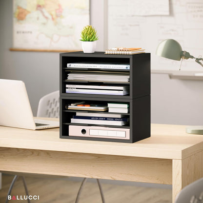 Ballucci File Organizer, 4-Tier Office Desk Organizer, Open Top Wood Paper Organizer for Classroom, Desktop Mail Sorter Paper Tray, Black