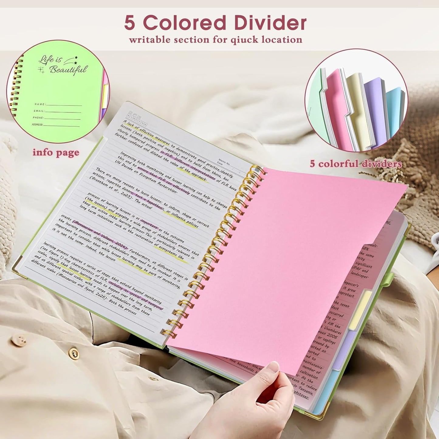 Hardcover Large Spiral Notebook 8.5" x 11" with Removable Dividers Tabs, 300 pages Leather 5 Subject Notebook College Ruled, A4 Journal for Women Men, Notebooks for Work School Note taking,Black