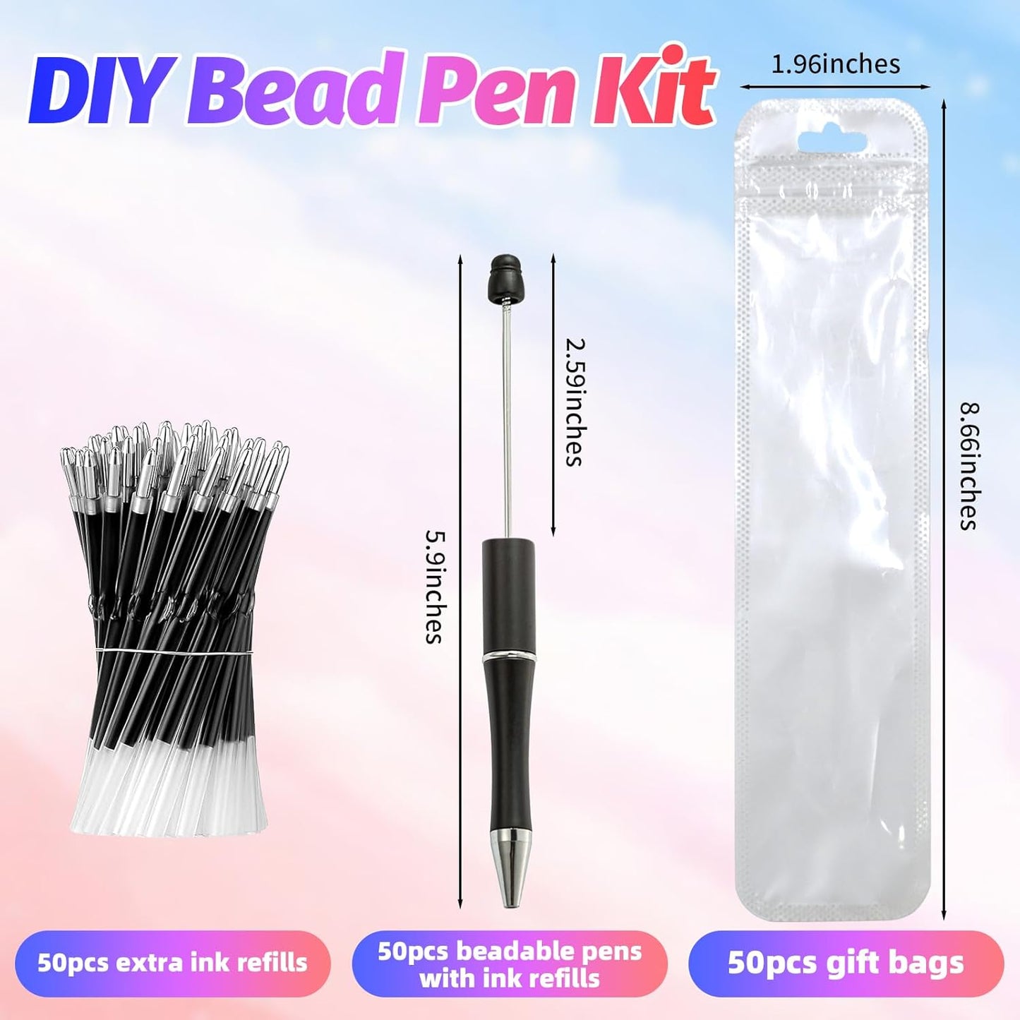 150 Pieces DIY Beadable Pen Kit – 50 Plastic Ballpoint Pens with Refills & Bags, Beads Not Included – School Supplies, Office Accessories & Craft Gifts for Students & Teachers (Multicolor)
