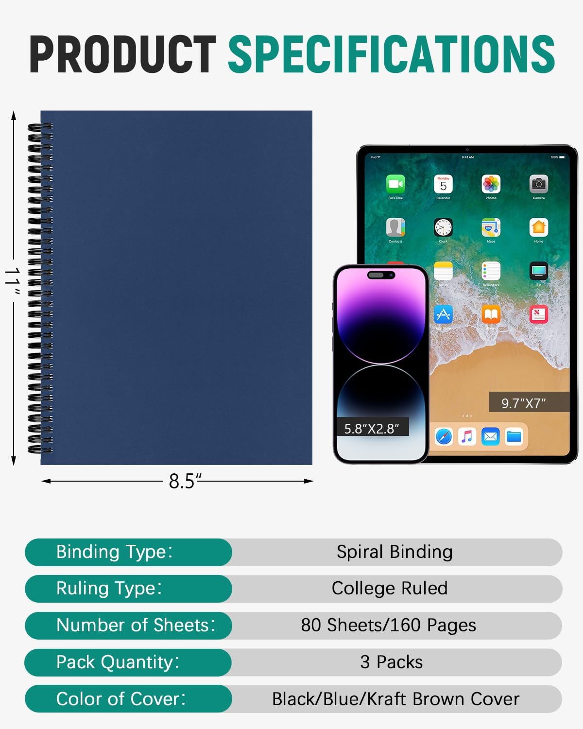 Dynta 3Packs Large Spiral Notebooks 8.5 "x 11" Lined College Ruled Journals for Work, School, Good for Students and Office, 160 Pages/80 Sheets with 100 GSM Lined Paper(3 Colors)