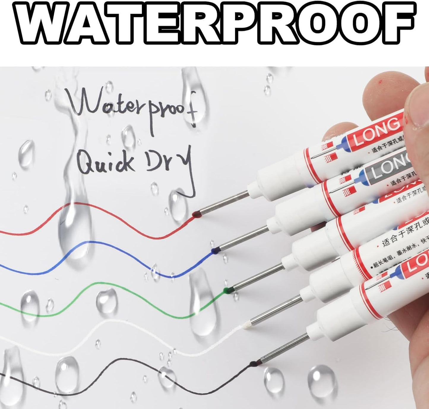 Deep Hole Marker Pens, 20mm Long Nib Permanent Pens, Waterproof Permanent Construction Pen for Metal, Wood & Carpenter, Red Blue Black Green White 5 Color Set Marker (5, Black)