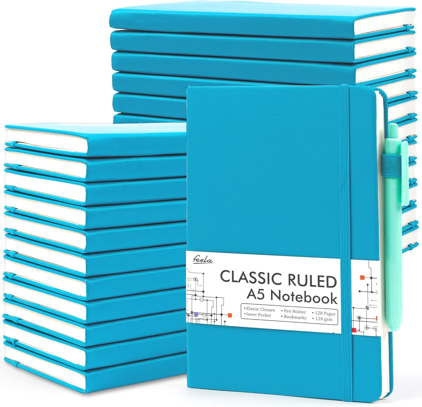 feela College Ruled Notebooks, 24 Pack Business Notebook Hardcover Lined Writing Journal with Pen Holder for Men Women Note Taking, with 24 Black Pens, 120 GSM, 5.1”x8.3”, A5, White