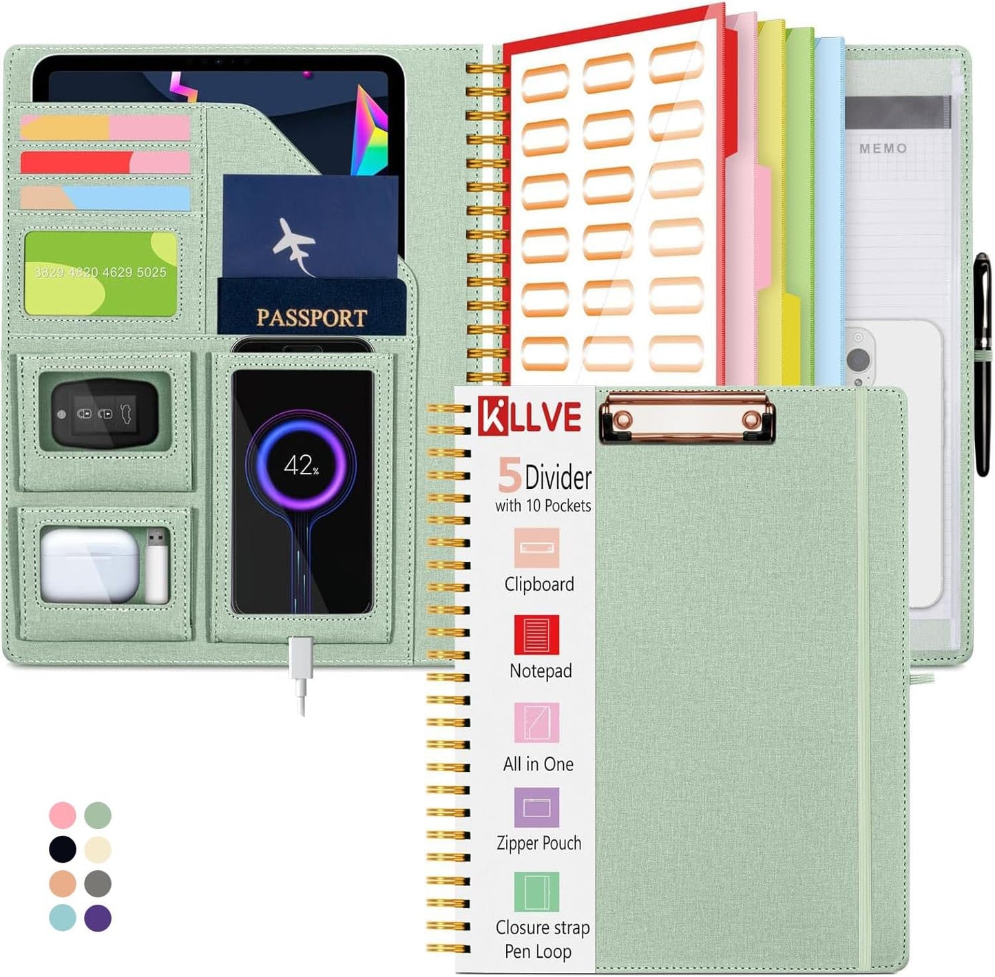Grey Foldable Spiral Clipboard Folio with Storage Zipper Pouch, 5 Plastic Folders with Pockets,Refillable Lined Notepad (8.5" x 11"), Hardcover Project Organizer with 39 Stickers