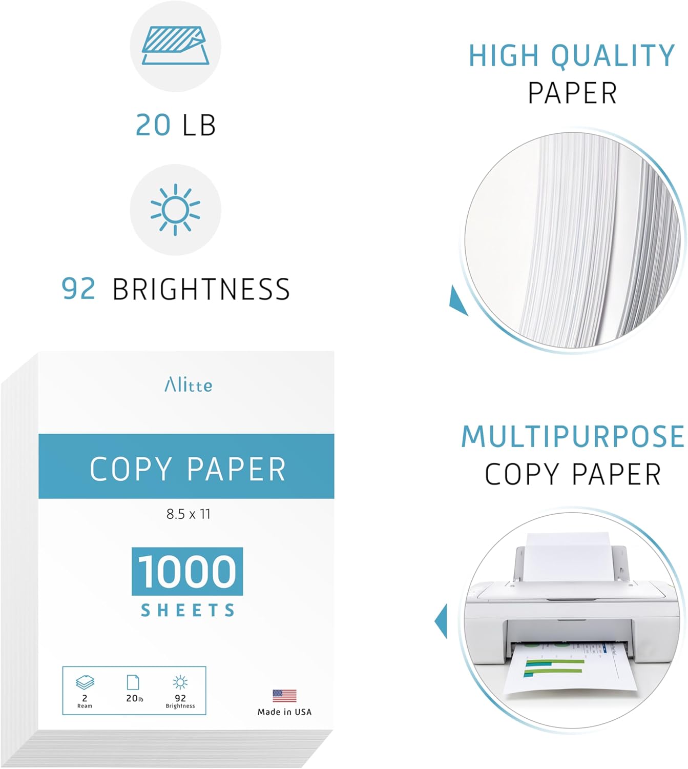 Printer Paper - 8.5 x 11 White Letter Size Copy Paper, 1 Ream 500 Sheets 20 lb Printing Paper for Documents Writing, Drawing, Smooth, 92 Bright | Home, School, Office Supplies | Made in USA