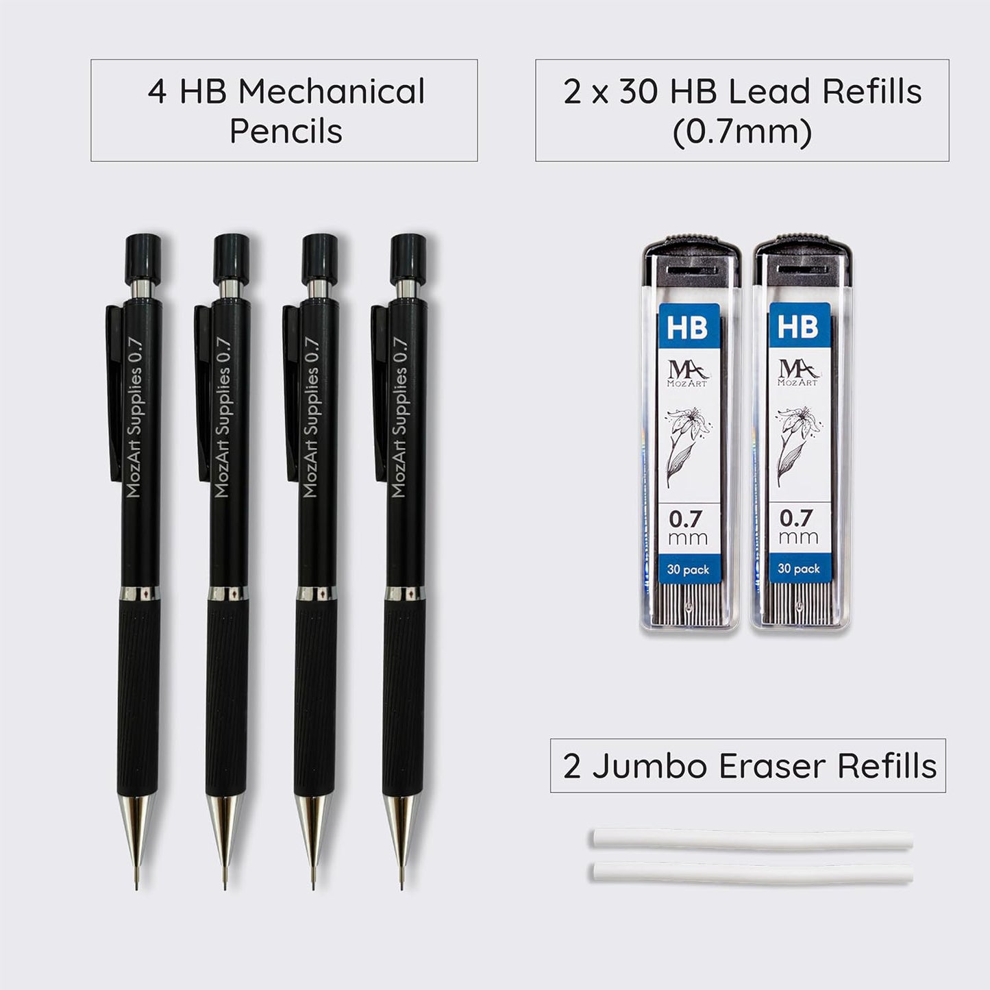 Mozart Essential Set of Lead Refills - 4 Sizes: 0.3, 0.5, 0.7 & 0.9 mm with 100 HB Lead Refills for Each - for Sketch, Architecture, Drafting, Art, Drawing Supplies, Metal Mechanical Pencils