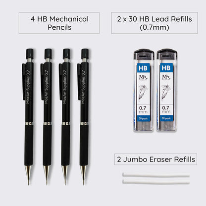 Mozart Essential Set of Lead Refills - 4 Sizes: 0.3, 0.5, 0.7 & 0.9 mm with 100 HB Lead Refills for Each - for Sketch, Architecture, Drafting, Art, Drawing Supplies, Metal Mechanical Pencils