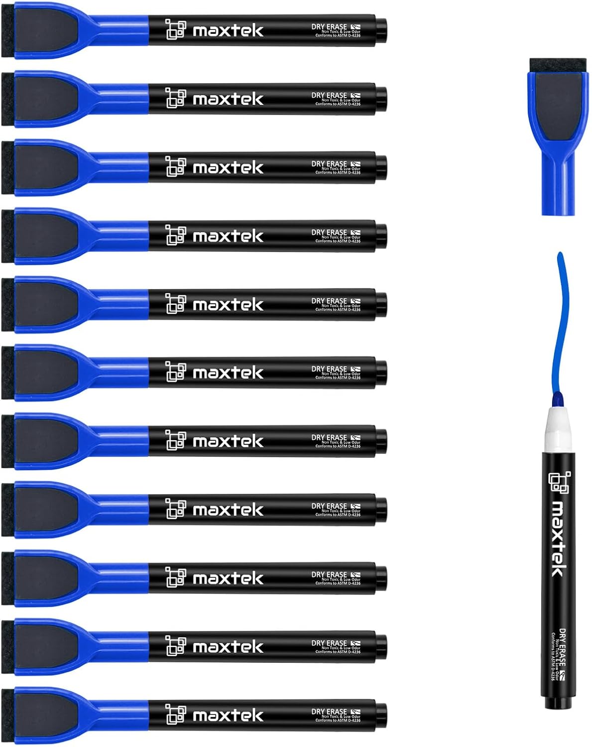 maxtek Magnetic Black Dry Erase Markers, 6 Count Fine Tip Whiteboard Markers with Eraser, Thin Markers Low Odor for Classroom, Office, Home