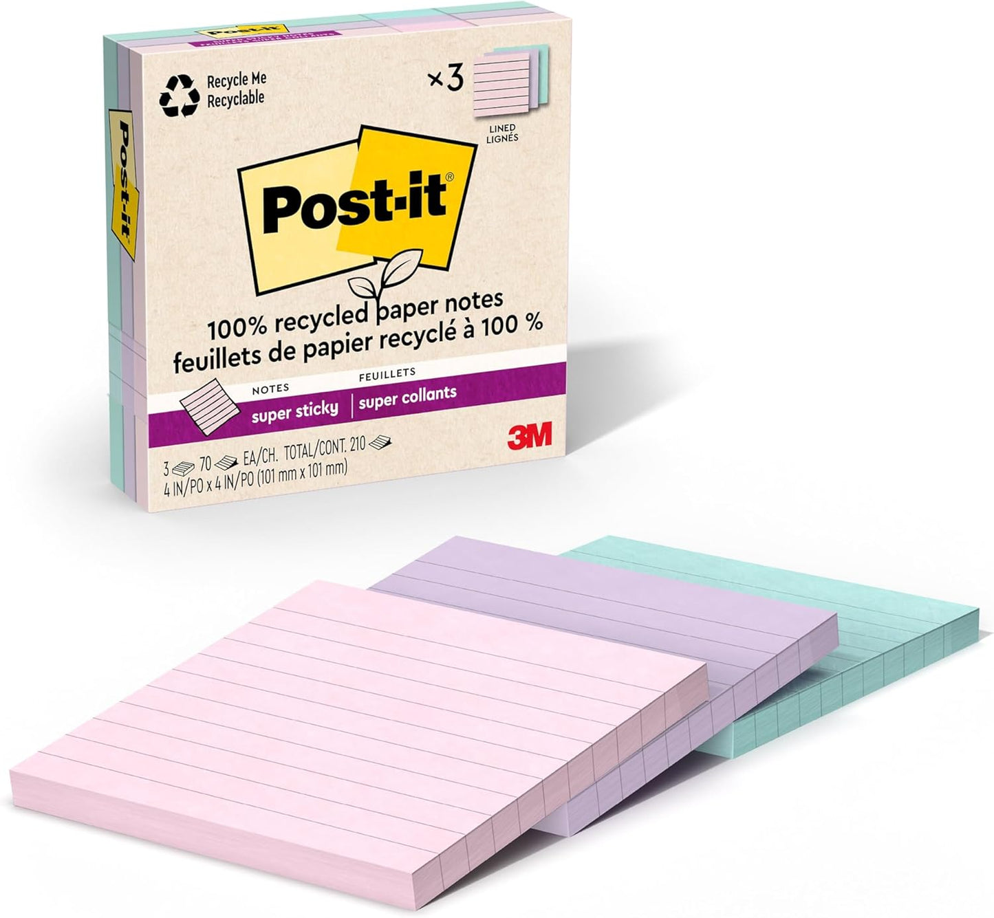 Post-it 100% Recycled Paper Super Sticky Notes, 4 in. x 4 in., 3 Pads, 70 Sheets per Pad, Wanderlust Pastels, School Supplies and Office Products