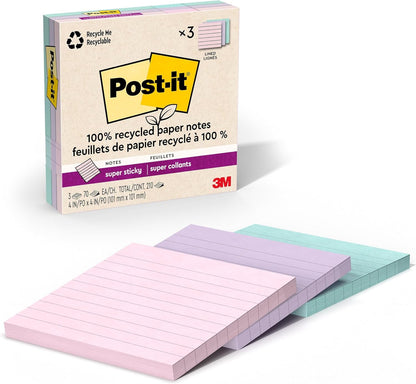 Post-it 100% Recycled Paper Super Sticky Notes, 4 in. x 4 in., 3 Pads, 70 Sheets per Pad, Wanderlust Pastels, School Supplies and Office Products