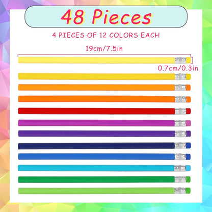 Whaline 48Pcs Colorful Pencils with Erasers Back to School Rainbow Color Wooden Pencil Unsharpened Writing Drawing Pencil for Students Graduation School Office Stationery Gift