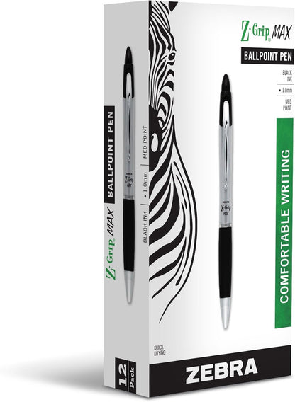 Zebra Pen, Z-Grip MAX Retractable Ballpoint Pens, Blue Ink, 1.0mm Medium Point, Wide Barrel with Comfortable Grip, Silver Barrel, Metal Clip, 12-Count, (22420)