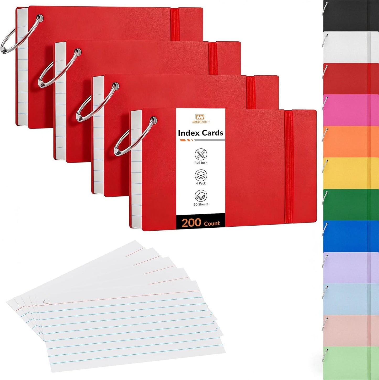 NEEWAY Ruled Index Cards with Ring 3x5 Inches, 200 Count Note Cards Lined, Flash Cards with Rings for Studying, Home and Office (Black)