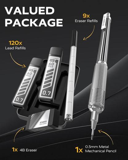 STAGEEK 0.7mm Mechanical Pencil with Metal Gift Case, 1PCS Metal Mechanical Pencil with 120Pcs HB Lead Refills,4B Erasers and 9PCS Eraser Refills, for Writing Drafting Drawing and Sketching(Gold)