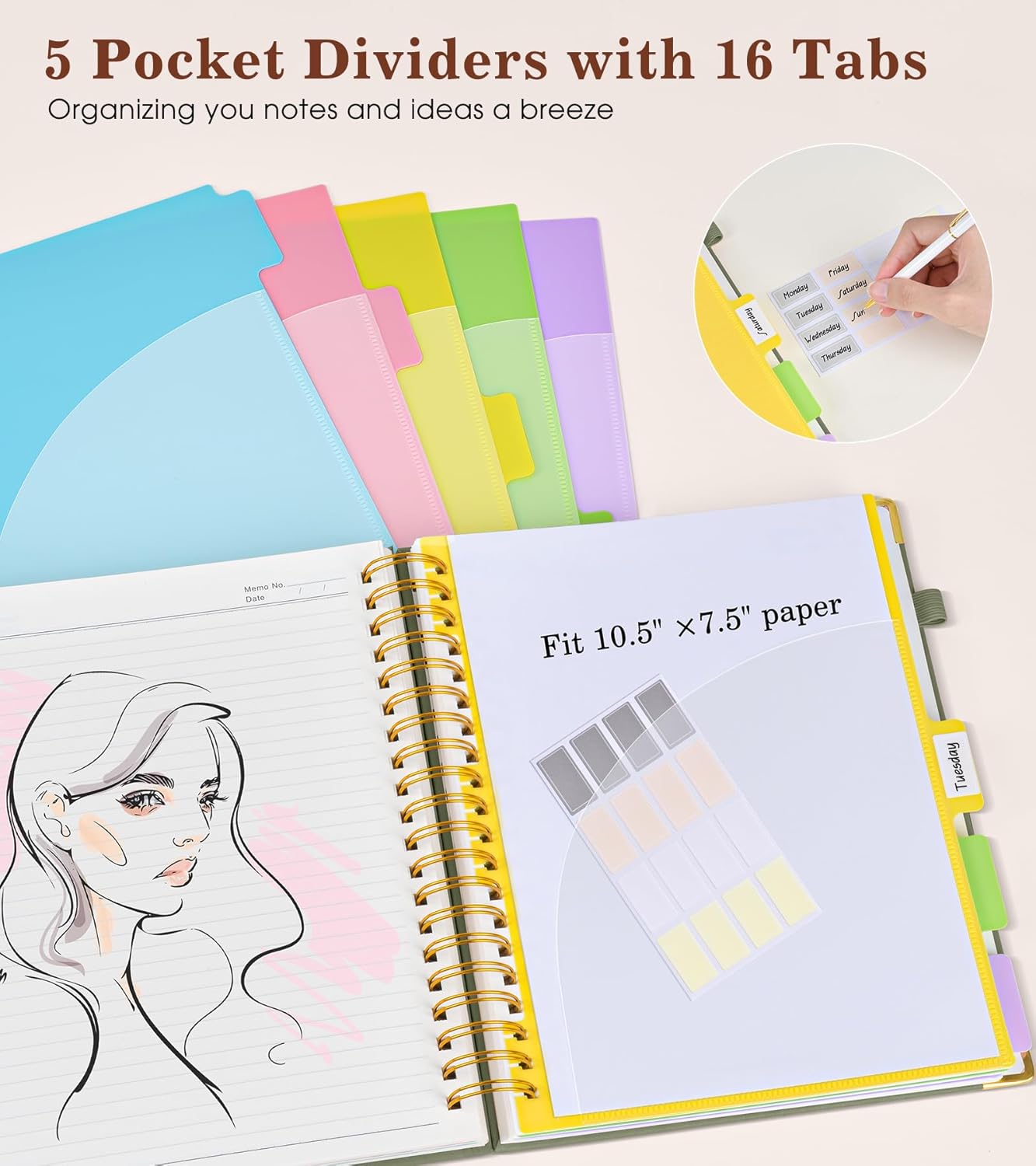 Hardcover Large Spiral Notebook 8.5" x 11" with Removable Dividers Tabs, 300 pages Leather 5 Subject Notebook College Ruled, A4 Journal for Women Men, Notebooks for Work School Note taking,Black