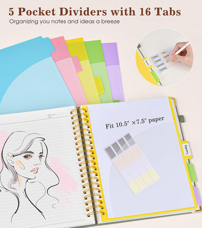 Hardcover Large Spiral Notebook 8.5" x 11" with Removable Dividers Tabs, 300 pages Leather 5 Subject Notebook College Ruled, A4 Journal for Women Men, Notebooks for Work School Note taking,Black