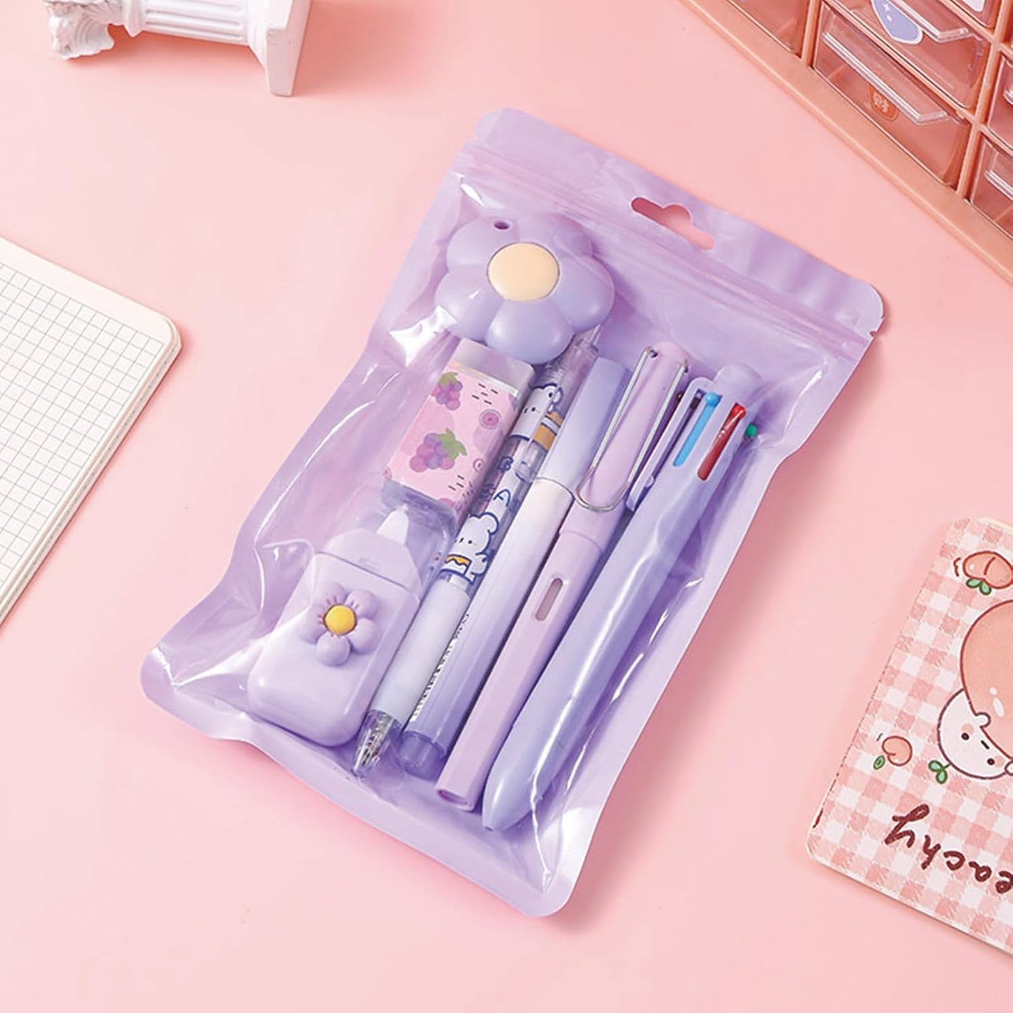 7 Pcs Cute Blue Stationery Set Kawaii School Supplies Office Supplies Including Ballpoint Pens Pencil Sharpener Highlighter Correction Tape Ruler Utility Knife (Blue)