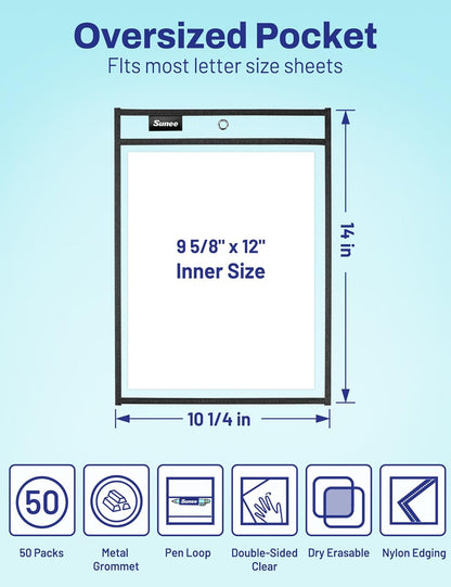 SUNEE 30 Packs Oversized Reusable Dry Erase Pocket Sleeves with 2 Rings, Black 10x14 Ticket Holders, Clear Plastic Sheet Protectors, Teacher School Classroom Supplies