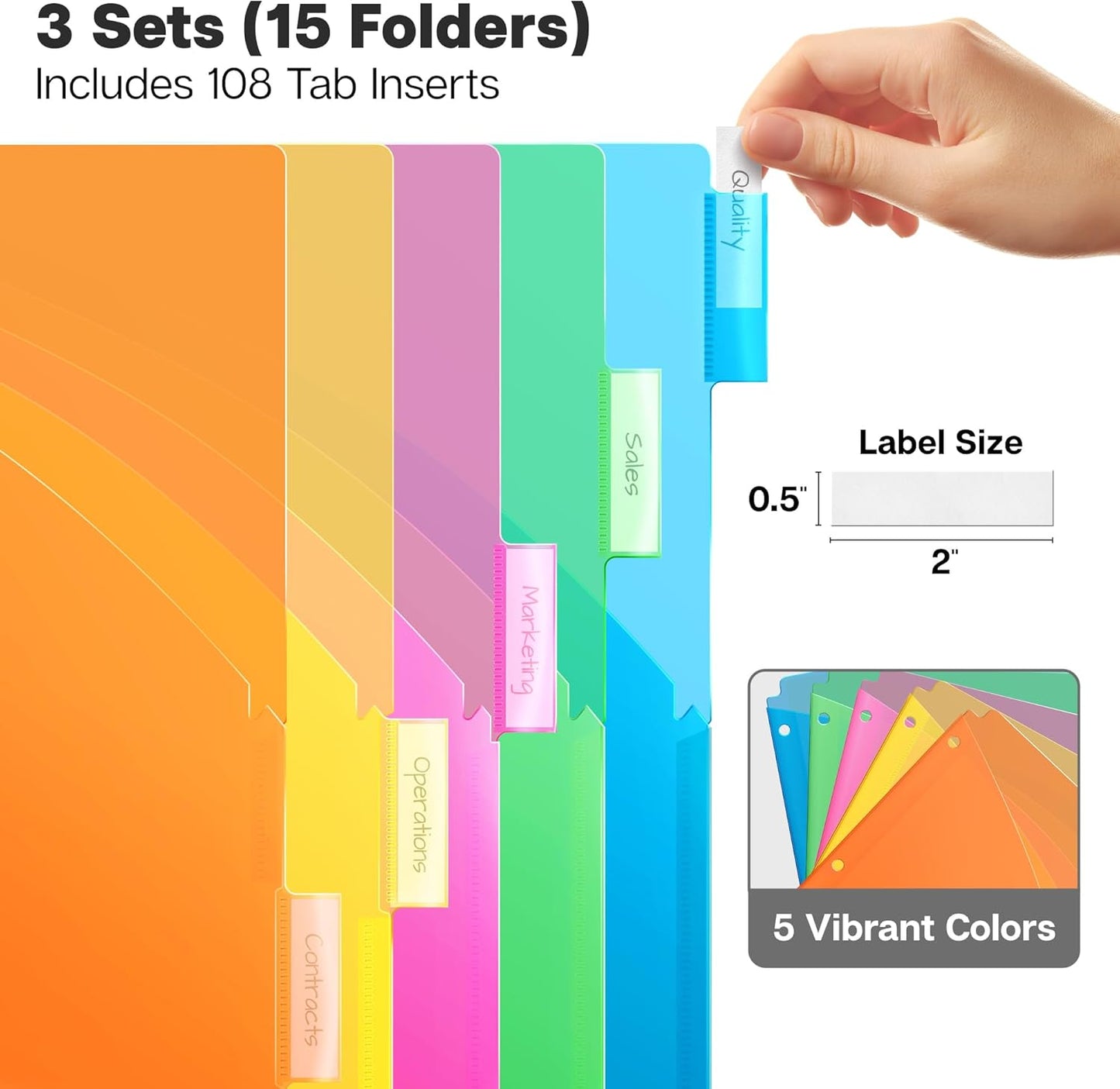 Dunwell 5-Tab Dividers with Pocket for 3-Ring Binders (3 Sets, 15 Count), Plastic One Pocket Dividers with Tabs, Slash File Jackets 3 Hole Punched for 8.5x11 Paper, Poly Pocket Notebook Dividers