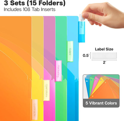 Dunwell 5-Tab Dividers with Pocket for 3-Ring Binders (3 Sets, 15 Count), Plastic One Pocket Dividers with Tabs, Slash File Jackets 3 Hole Punched for 8.5x11 Paper, Poly Pocket Notebook Dividers