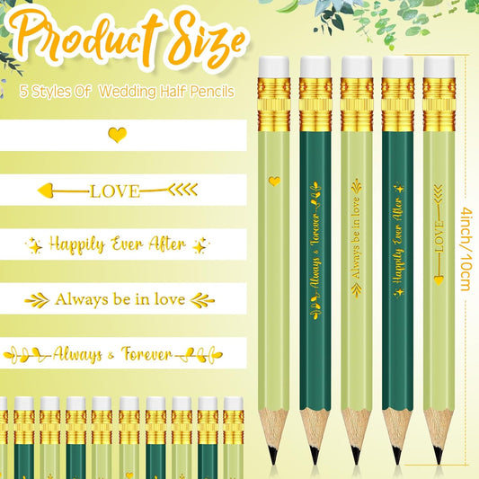 Crtiin 50 Pcs Bridal Shower Pencils Half Golf Wedding Pencils with Eraser 4 Inch Short Pocket Pre Sharpened for Wedding Game Bridal Shower Presents Classroom School(Wood Color)