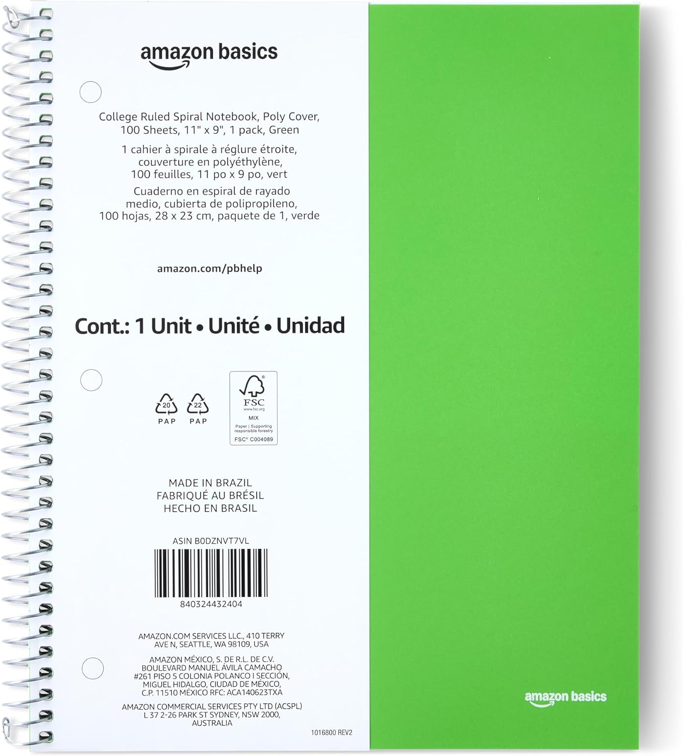 Amazon Basics 4x4 Graph Ruled Spiral Notebook, Poly Cover, 100 Sheets, 9" x 11", Coral, 3 pack