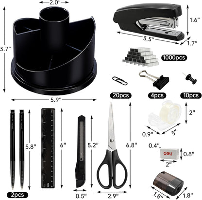 deli Office Supplies Set, 1045 Pcs-Desk Accessory Organizer Kit, Stapler Set, Rotating Multi-Functional Pen Holder, Tape Dispenser, Pens, Binder Clips, Sharpener, Scissor, Eraser, Black