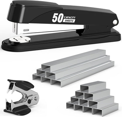 Metal Stapler Heavy Duty 50 Sheet Capacity with 1750 Staples and Staple Remover, Full Strip Staplers for Desk, No Jam, Non-Slip for Office & Classroom, Black