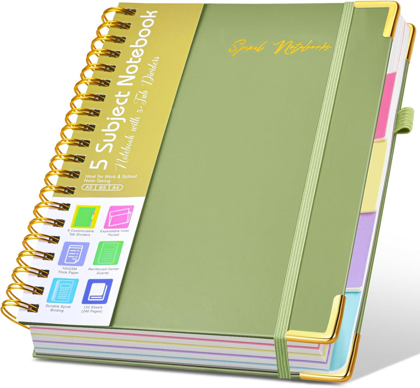 Hardcover Large Spiral Notebook 8.5" x 11" with Removable Dividers Tabs, 300 pages Leather 5 Subject Notebook College Ruled, A4 Journal for Women Men, Notebooks for Work School Note taking,Black