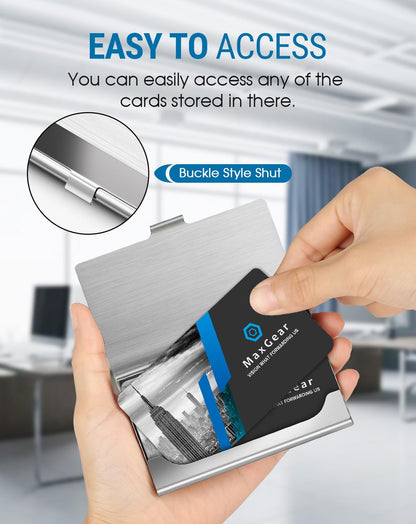 MaxGear Metal Business Card Holder for Men & Women, Professional Stainless Steel Card Case for Business Cards, Slim Purse Name Card Holders with Interior Lining, Buckle Style Shut, Black
