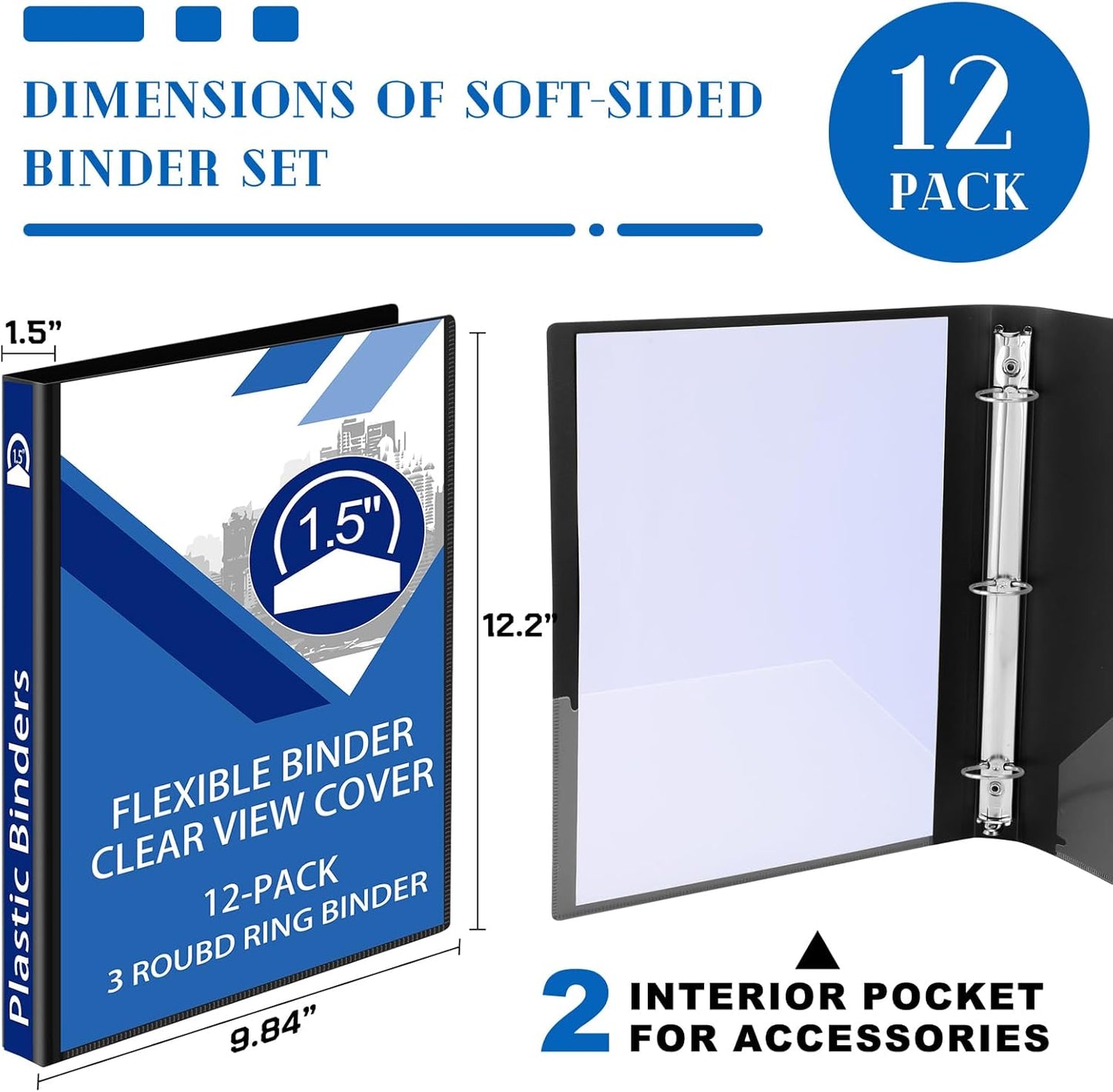Fulmoon 12 Pcs Economy View 3 Ring Plastic Binder 12.2 x 9.8 Inch Plastic Round Ring Binders with Pockets Notebinder for Meetings for Home, Office, School(White, 1/2 Inch)