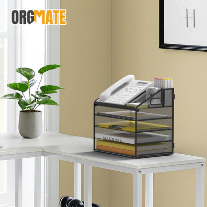 Letter Tray Paper, 4 Tier Desk Organizer with Pen Holder and Handle Mesh File Organizer Paper Sorter Metal Desktop Document Shelf for Office Home Classroom -Black