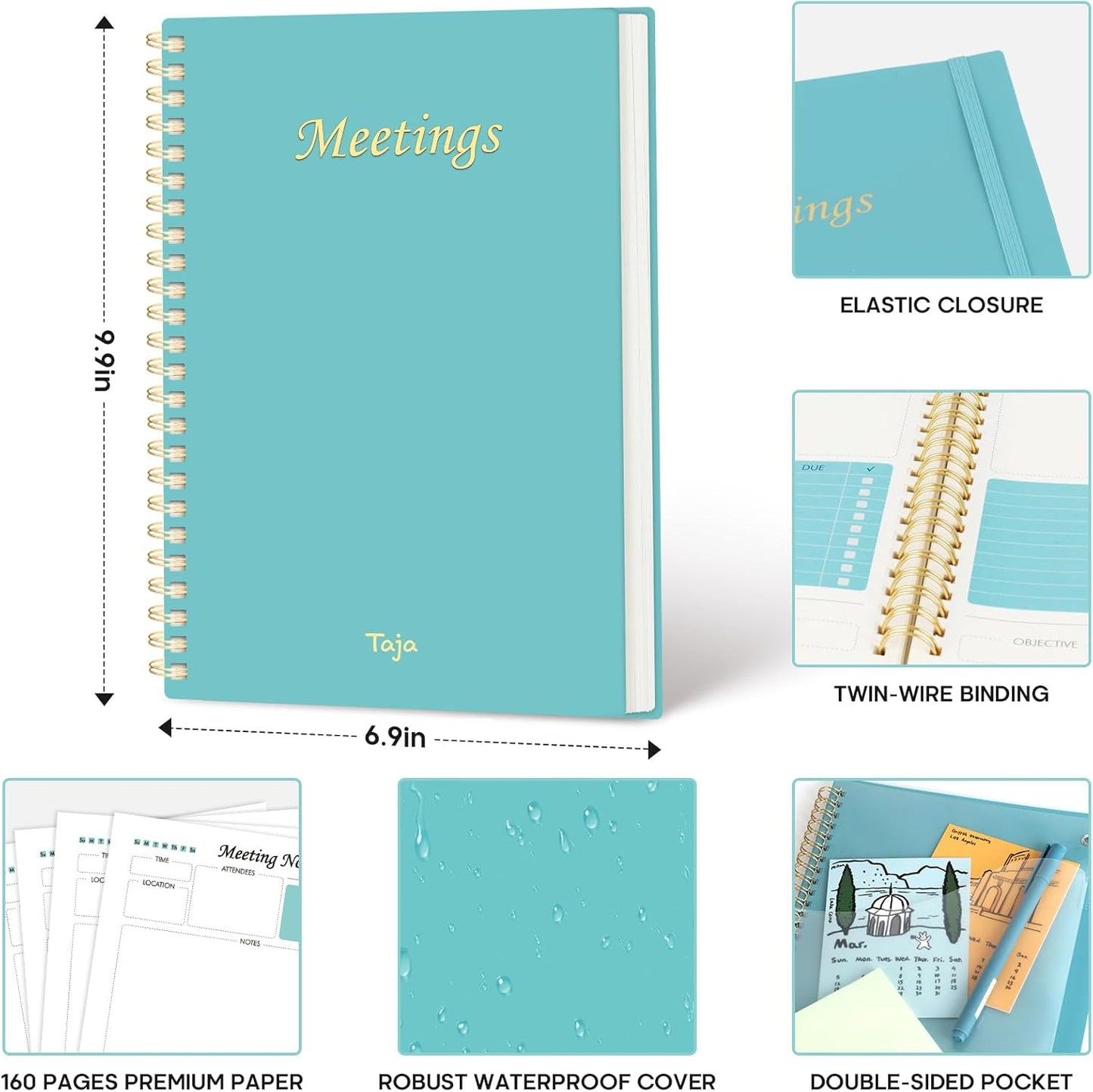 Taja Meeting Notebook for Work Organization - Work Planner Notebook with Action Items, Agenda Planner for Note Taking, 160 Pages (6.9" X 9.9") Project Organizer for Men & Women - Blue