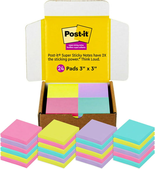 Post-it Super Sticky Notes, 24 Sticky Note Pads, 3 x 3 in, School Supplies, Office Products, Notes for Vertical Surfaces, Monitors, Walls and Windows, Assorted Colors