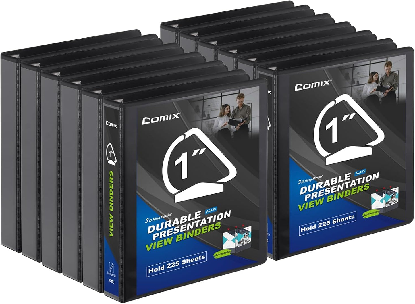 Comix D-Ring Basic View Binder 1 inch 3 Ring Binders, 2.4mm-Thick, Hold 225 Sheets of 8.5" x 11" Paper, 12 Pack (White)