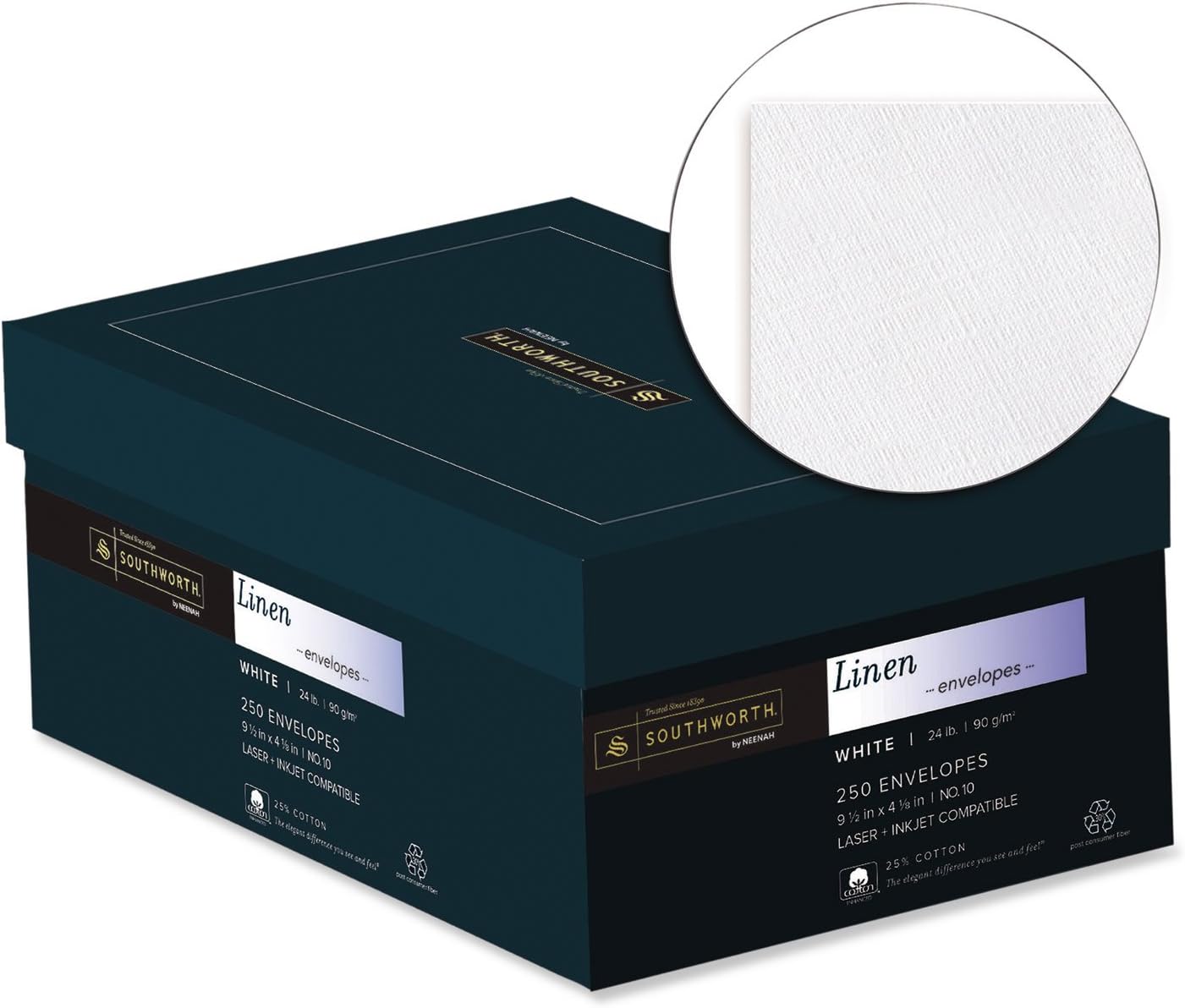 Southworth FSC Certified 55% Recycled 25% Cotton Linen Business Envelopes, #10 (4 1/8in x 9 1/2in), 24 Lb, Ivory, Box Of 250, J564-10